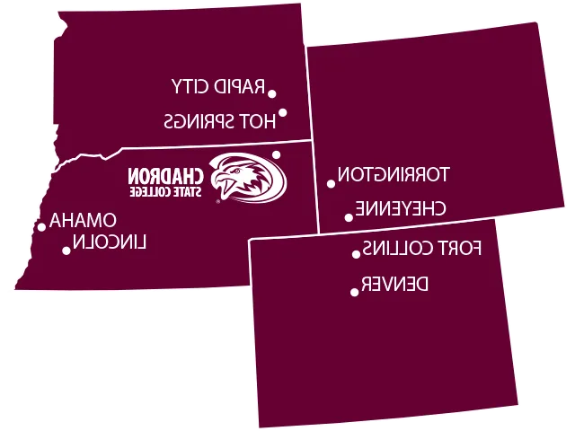 内布拉斯加州, 南达科塔州, 怀俄明, and 科罗拉多州 state outlines with Chadron marked